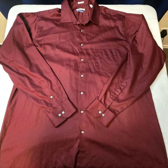 Van Heusen Mens Size Tall 18.5 37/38 Button Up Long Sleeve Lux Sateen Wine/Burg - Picture 1 of 5